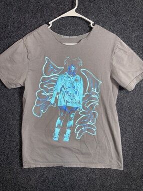 Billie Eilish Gray Short-Sleeve Graphic Tee with Neon Blue Print Cut Neck